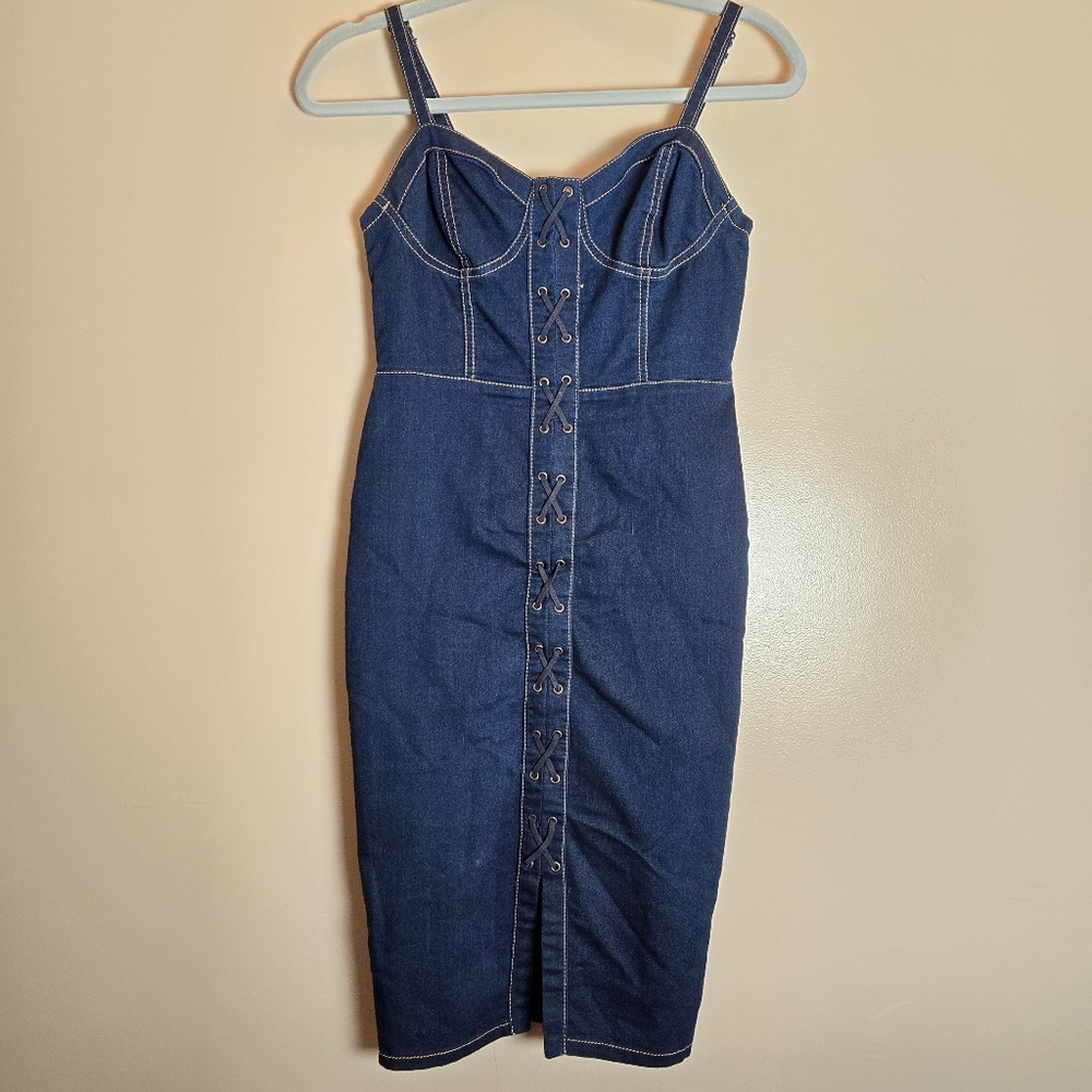 Material Girl Dark Denim Corset Suede Lace Up Dress Sleeveless Size X-Small